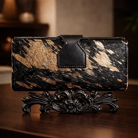 🎁Gold metallic Black Genuine Cowhide Leather Handmade womens Checkbook Wallet - Picture 2 of 10
